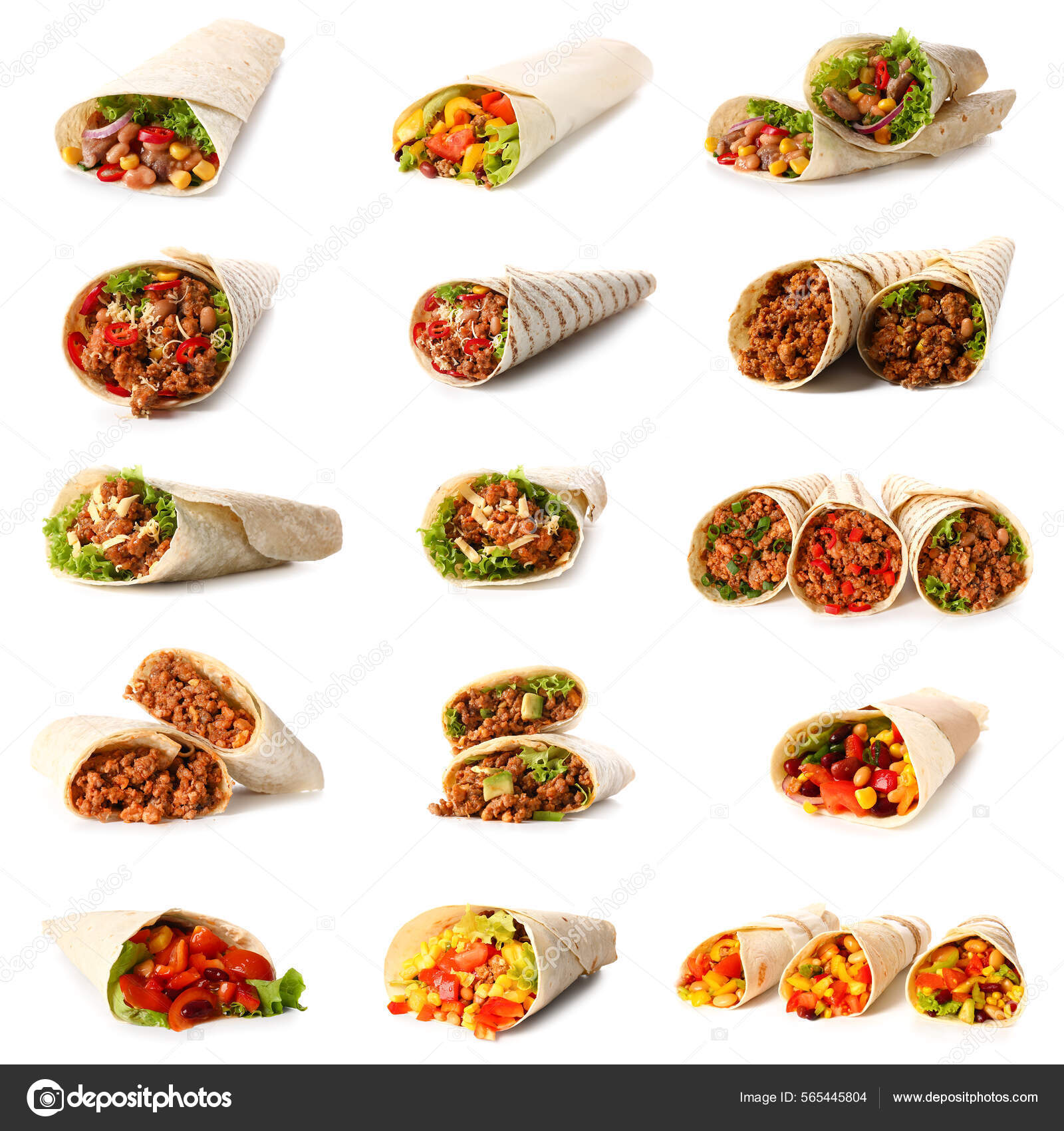 Ensemble Délicieux Burritos Mexicains Sur Fond Blanc — Photo de stock par  ©serezniy - 565445804, image size:1600x1700