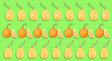 Yeşil arka planda bir sürü balkabağı. Tasarım için desen