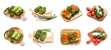 Beyaz arka planda lezzetli lahana ruloları, üst görünüm