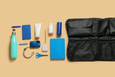 Seyahat düzenleyicisi ile kompozisyon ve renk arkaplanı üzerinde farklı şeyler