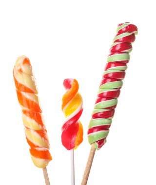 Tasty lollipops isolated on white background, closeup