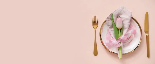 Simple Spring Table Setting Pink Background Space Text — Foto Stock