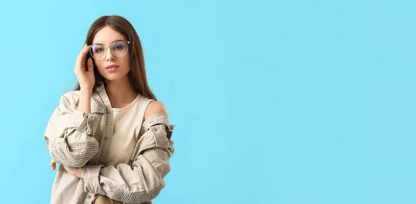 Pretty Young Woman Wearing Eyeglasses Light Blue Background Space Text — Stock Photo, Image