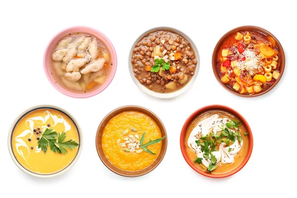 Set Tasty Soups Bowls White Background Top View — Stock Photo, Image