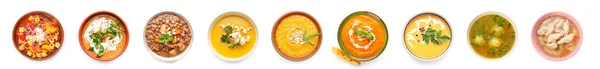 Set Tasty Soups Bowls White Background Top View — 스톡 사진