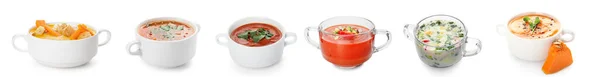 Set Hot Soups Pots White Background — Zdjęcie stockowe