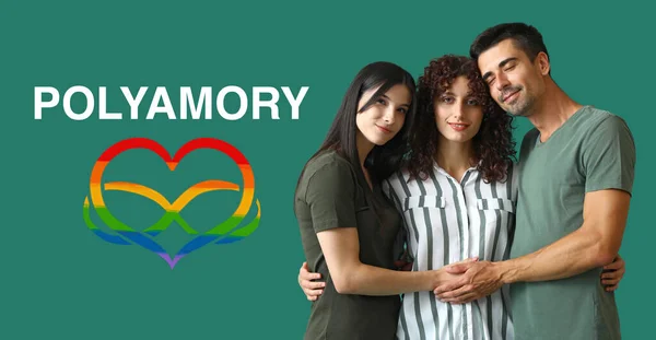 Man Two Beautiful Women Word Polyamory Green Background — 스톡 사진