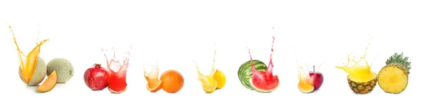 Verschiedene Reife Früchte Mit Spritzern Saft Isoliert Auf Weiß — Stockfoto