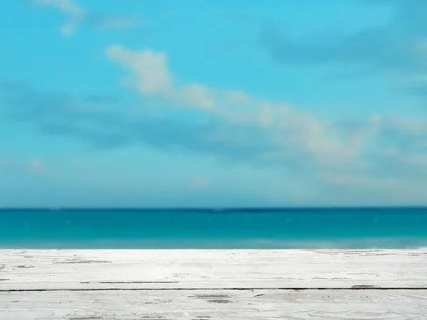 Empty Wooden Surface Blue Sea Sky Clouds —  Fotos de Stock