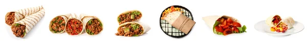 Set Tasty Mexican Burritos White Background — стоковое фото