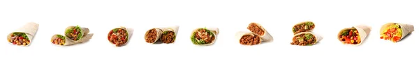 Uppsättning Välsmakande Mexikanska Burritos Vit Bakgrund — Stockfoto