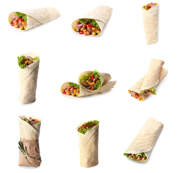 Set Tasty Mexican Burritos White Background —  Fotos de Stock