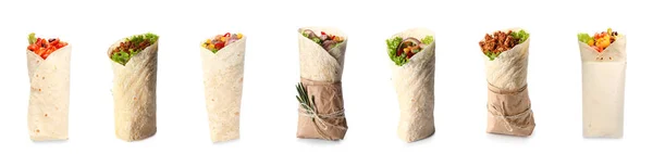 Set Von Leckeren Mexikanischen Burritos Auf Weißem Hintergrund — Stockfoto