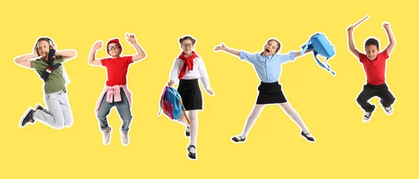Sarı Arka Planda Farklı Zıplayan Çocuklar — Stok fotoğraf