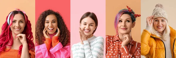 Collage Met Mooie Vrouwen Kleurrijke Achtergrond — Stockfoto