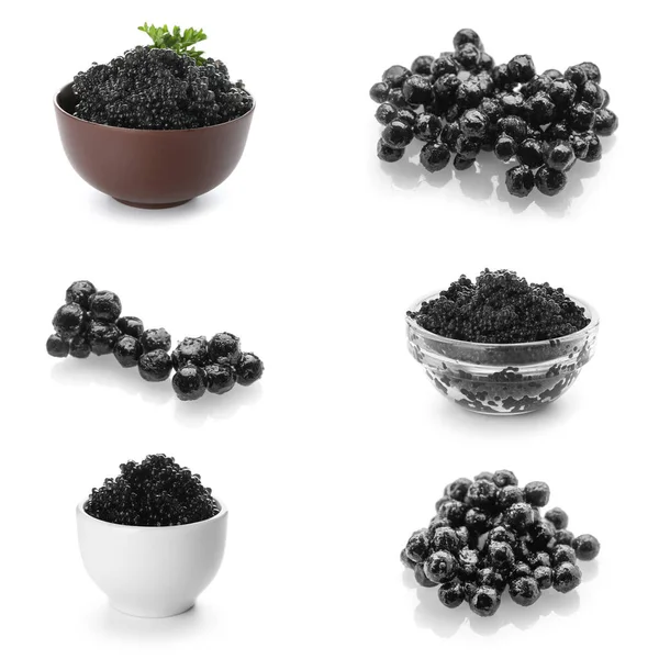 Set Deliziosi Caviale Nero Sfondo Bianco — Foto Stock