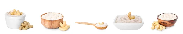 Set Tasty Cashew Sour Cream White Background — Stock Photo, Image