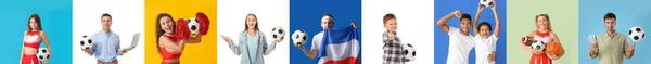 Verschillende Mensen Met Voetbal Ballen Kleurrijke Achtergrond — Stockfoto