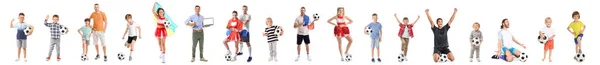 Pessoas Diferentes Com Bolas Futebol Isoladas Branco — Fotografia de Stock