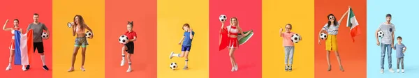 Verschiedene Menschen Mit Fußballbällen Auf Buntem Hintergrund — Stockfoto