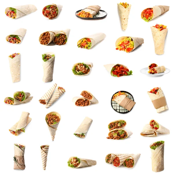 Set Von Leckeren Mexikanischen Burritos Auf Weißem Hintergrund — Stockfoto