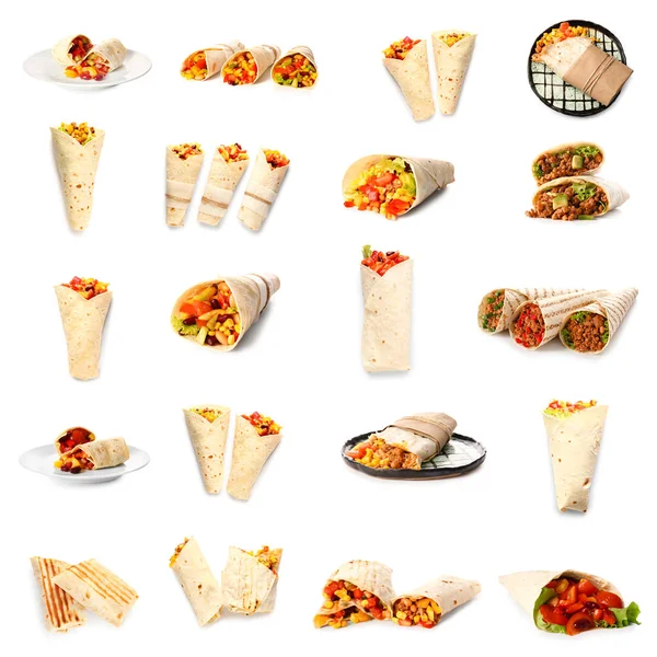 Conjunto Saborosos Burritos Mexicanos Sobre Fundo Branco — Fotografia de Stock