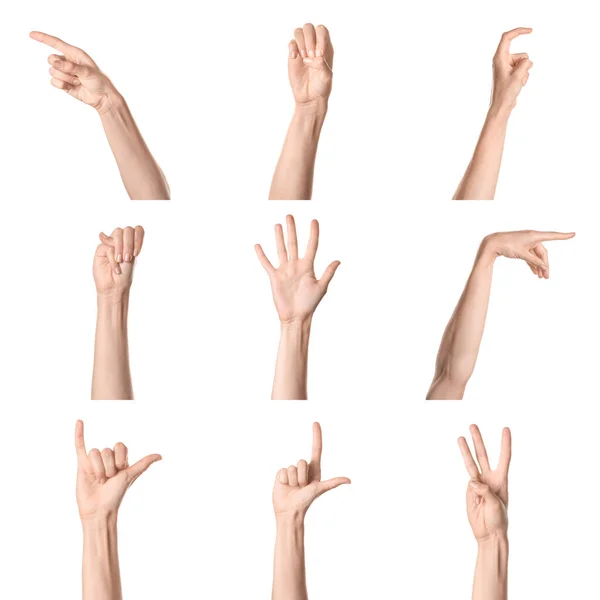 Hands Showing Different Letters White Background Sign Language Alphabet — ストック写真