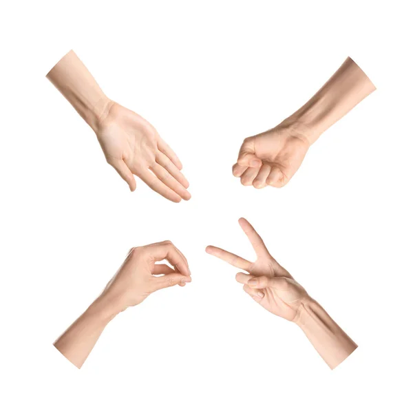 Ręce Pokazujące Różne Litery Białym Tle Alfabet Języka Migowego — Zdjęcie stockowe