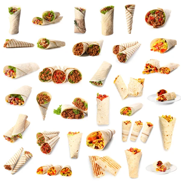 Set Tasty Mexican Burritos White Background — 스톡 사진