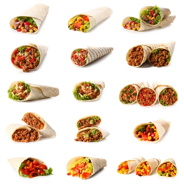 Set Gustosi Burrito Messicani Sfondo Bianco — Foto Stock