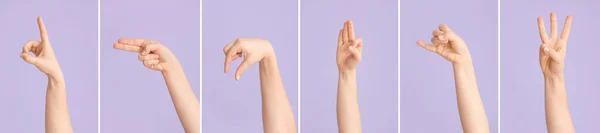 Hands Showing Different Letters Lilac Background Sign Language Alphabet — стоковое фото