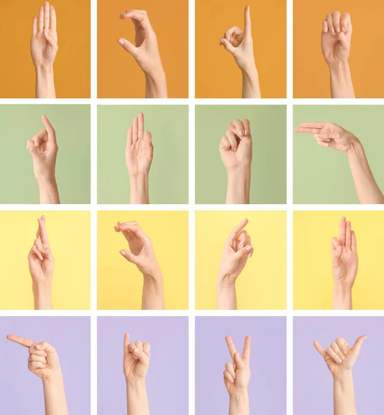 Ręce Pokazujące Różne Litery Tle Koloru Alfabet Języka Migowego — Zdjęcie stockowe
