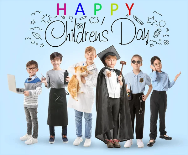 Wenskaart Voor Kinderdag Met Veel Kinderen Uniformen Van Verschillende Beroepen — Stockfoto