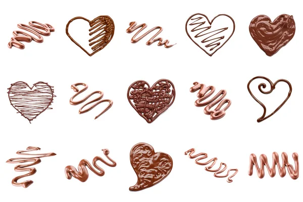 用甜甜的融化巧克力制成的心和漩涡 与白色隔离 — 图库照片