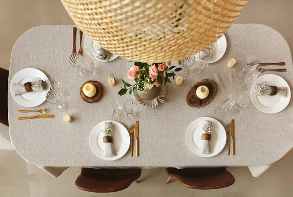 Beautiful Table Setting Dining Room Top View — Stock Photo, Image