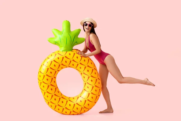 Attractive Young Woman Inflatable Ring Pink Background — Stock Photo, Image