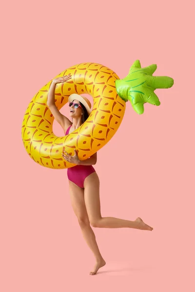 Happy Young Woman Inflatable Ring Pink Background — стоковое фото