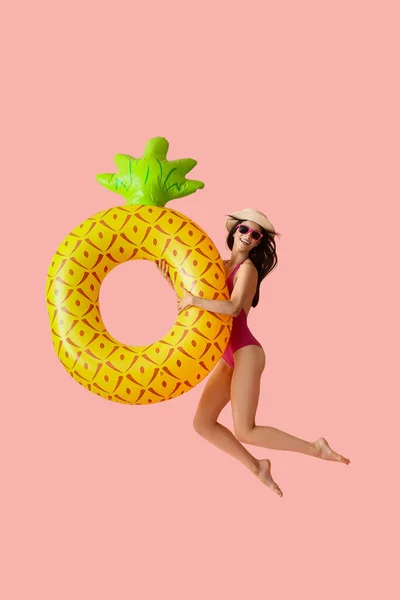 Jumping Young Woman Inflatable Ring Pink Background — Stock Photo, Image