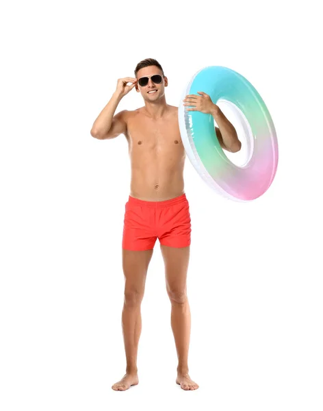 Attractive Young Man Inflatable Ring White Background — стоковое фото