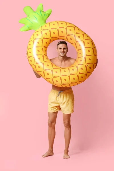 Attractive Young Man Inflatable Ring Pink Background — 스톡 사진