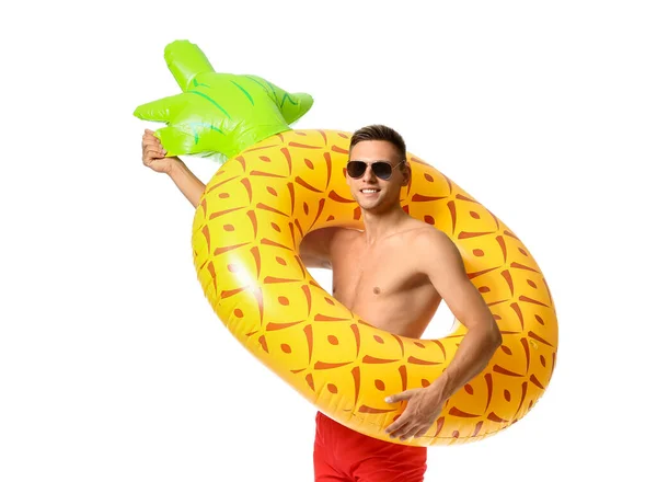 Attractive Young Man Inflatable Ring White Background — 스톡 사진