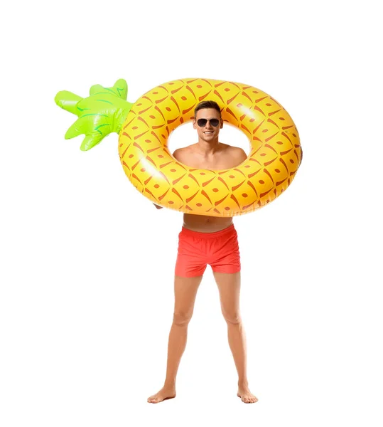 Attractive Young Man Inflatable Ring White Background — стоковое фото