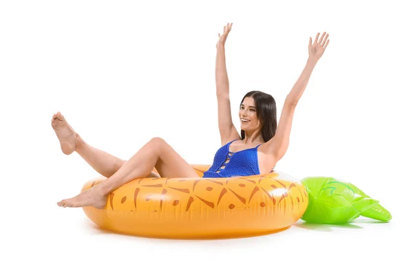 Happy Young Woman Inflatable Ring White Background — Foto de Stock