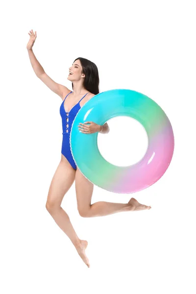 Jumping Young Woman Inflatable Ring White Background — Foto de Stock