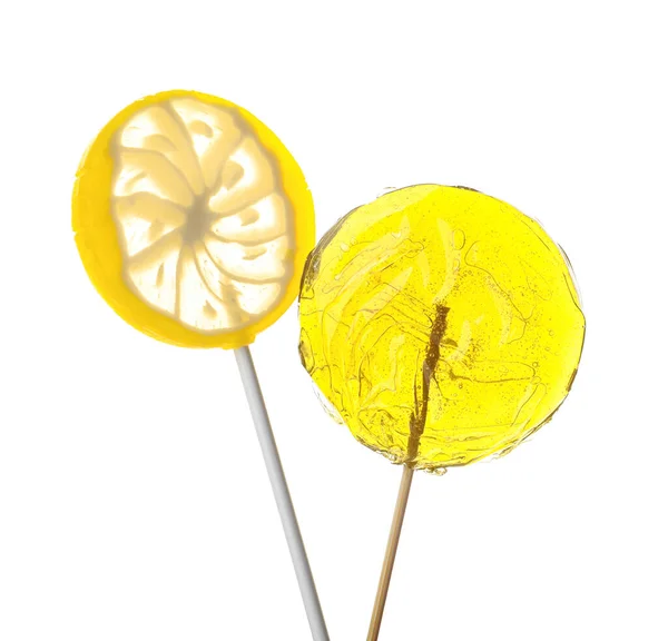 Sweet Yellow Lollipops White Background Closeup — Stock Photo, Image