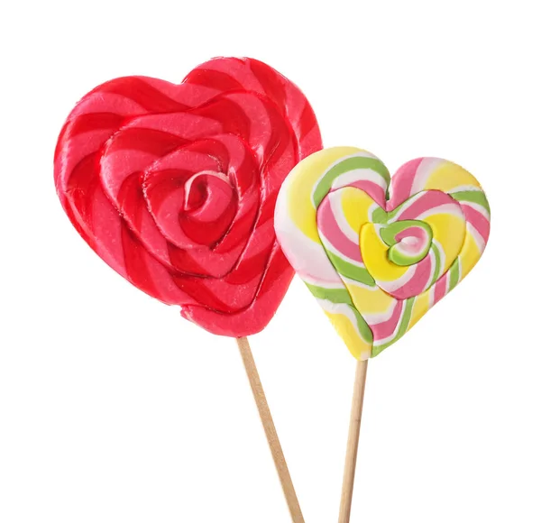 Sweet Lollipops Shape Hearts Isolated White Background Closeup — Fotografia de Stock
