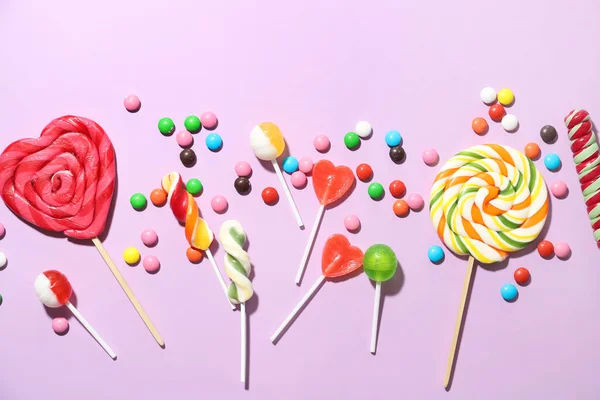 Different Lollipops Candies Lilac Background Closeup — Foto de Stock