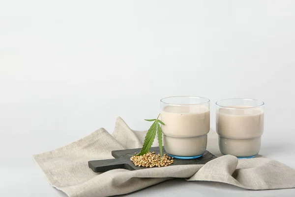 Glasses Healthy Hemp Milk Seeds White Background — Foto Stock