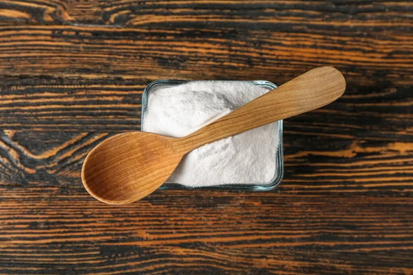 Bowl Baking Soda Spoon Wooden Background — Stock Photo, Image