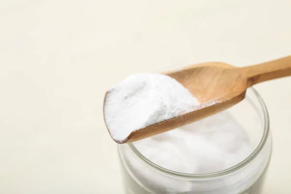 Jar Spoon Baking Soda White Wooden Background Closeup — Stock Photo, Image